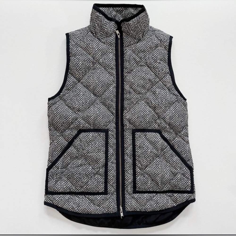 J Crew Quilted Puffer Vest Gray Herringbone Printed Pattern Womens Small